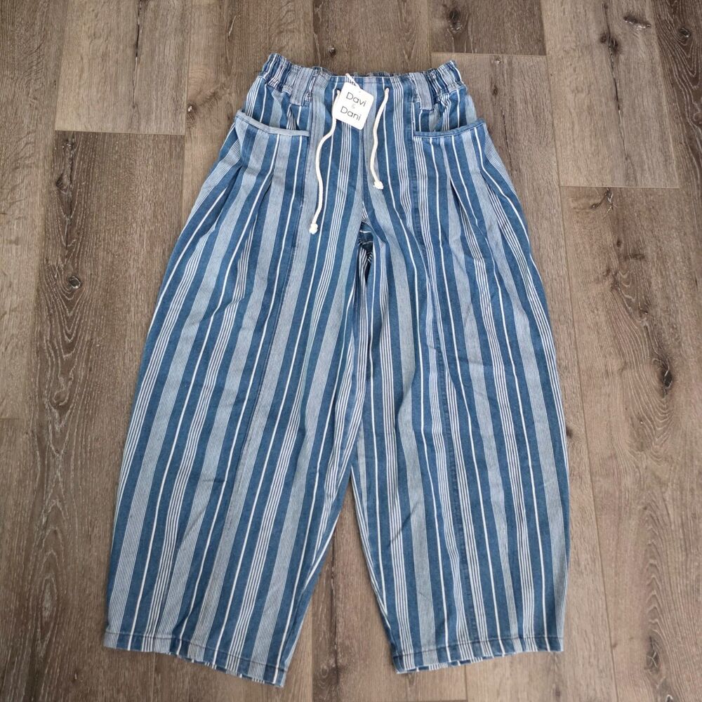 Davi & Dani Women's Denim Cotton Striped Barrel Pants Drawstring Pull on M NWT